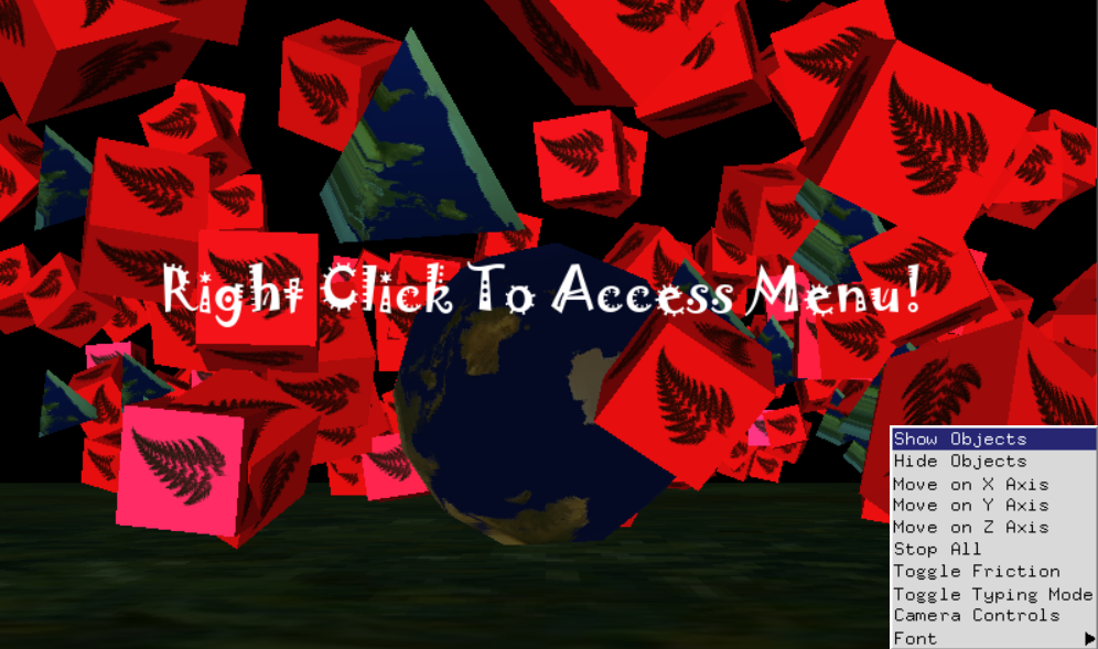 Image of the OpenGL Project showing the meshes aand menu