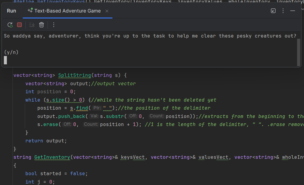 Image of the text-based adventure game running with some code in the background